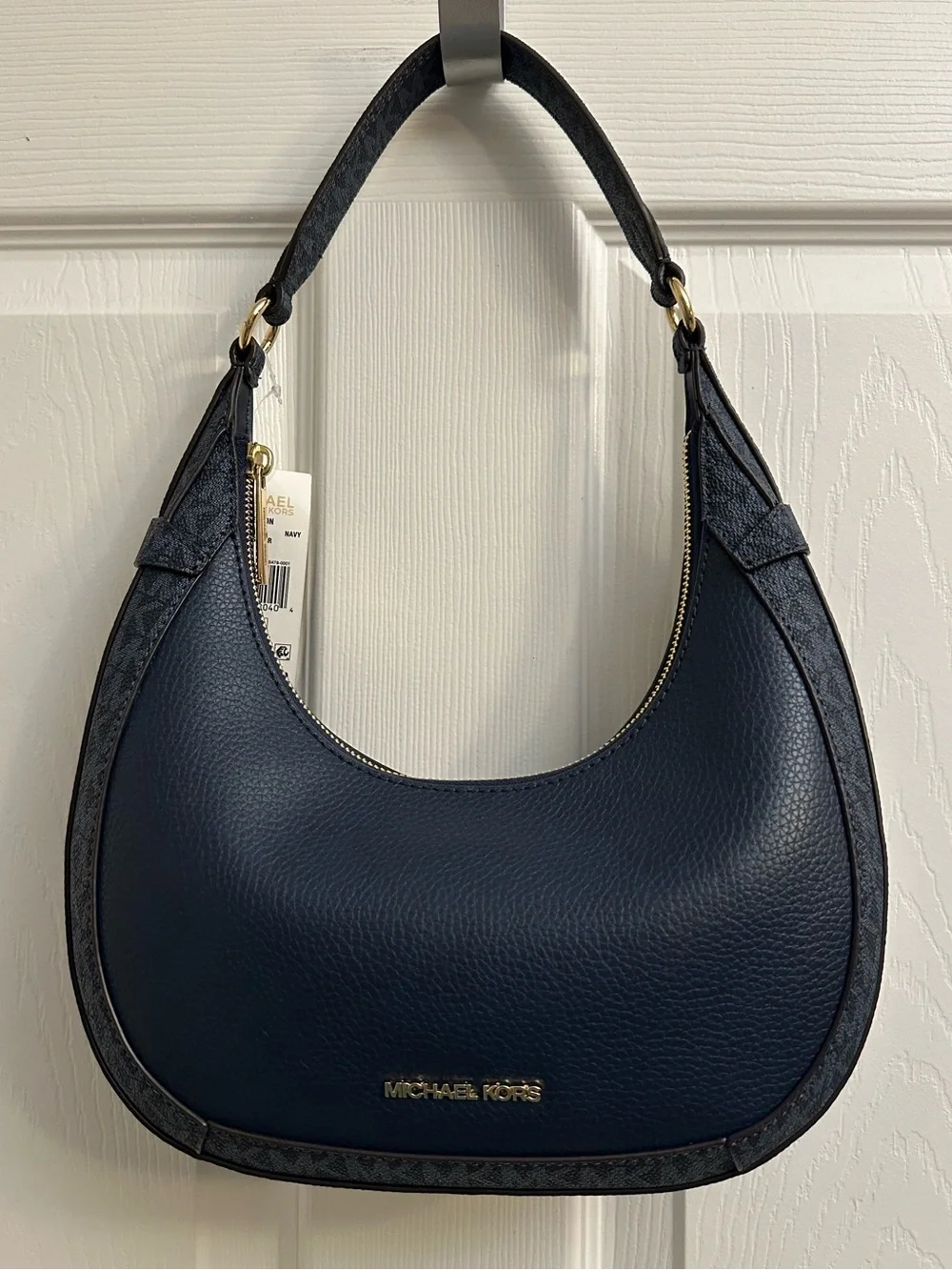 Michael Kors Navy Pebbled Leather Hobo with Gold-Tone Accents